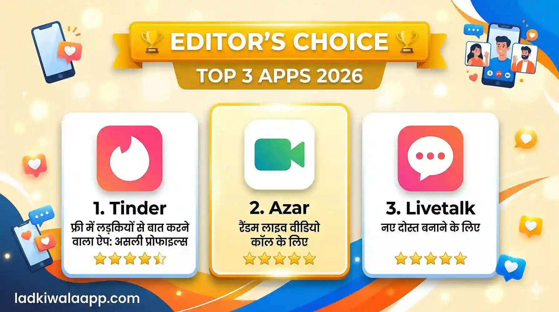 Editor's Choice टॉप 3 फ्री मे लड़कियों से बात करने वाला ऐप्स (2026) - Tinder, Azar, Livetalk