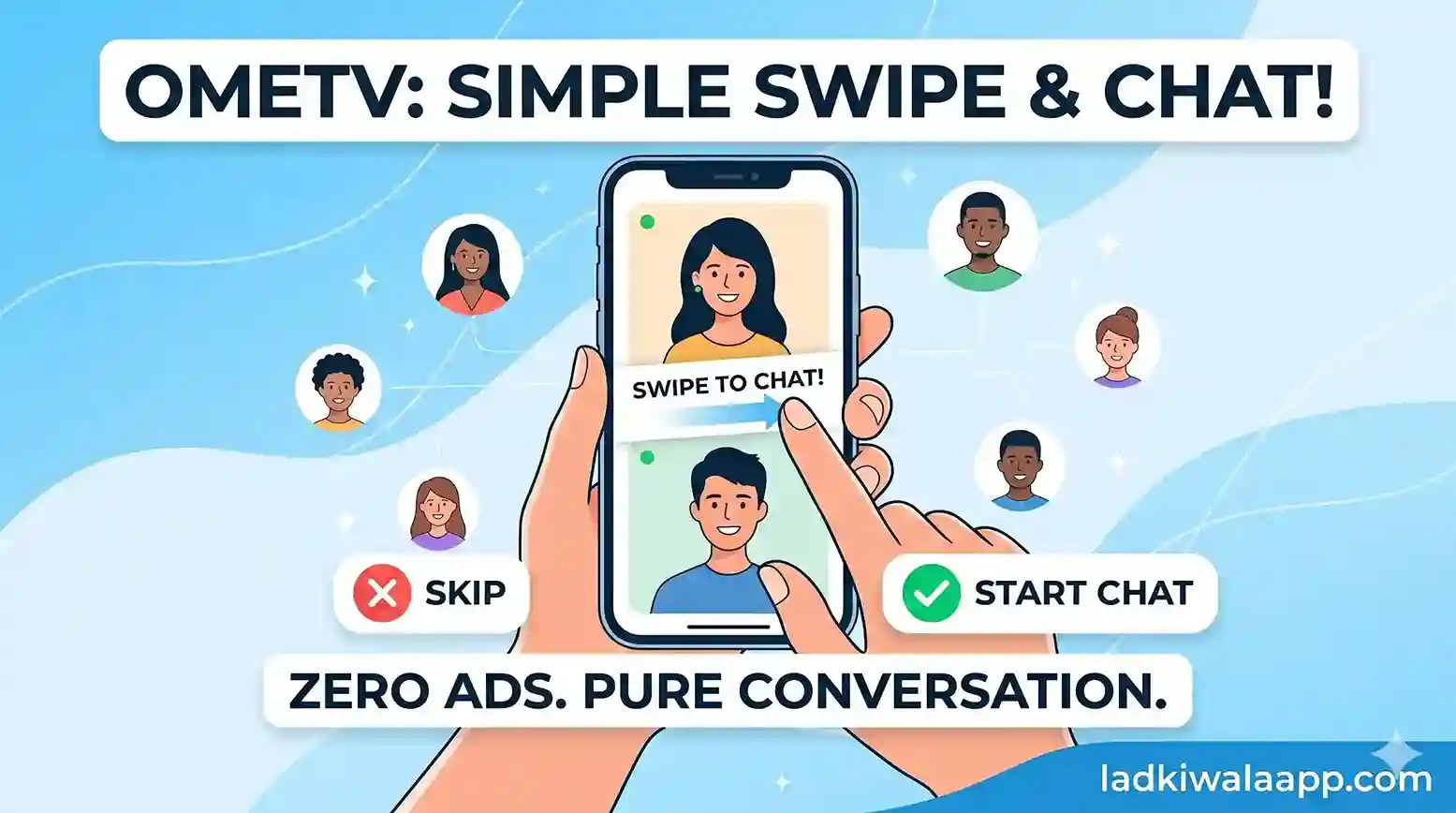OmeTV विज्ञापन-मुक्त स्वाइप वीडियो कॉलिंग इंटरफ़ेस का स्क्रीनशॉट